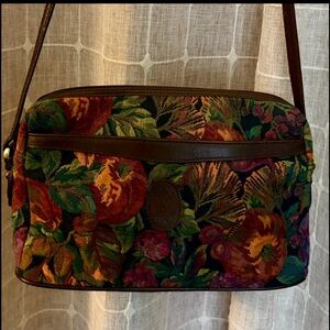Liz Claiborne Multicolor Floral Tapestry Crossbody with Brown Trim